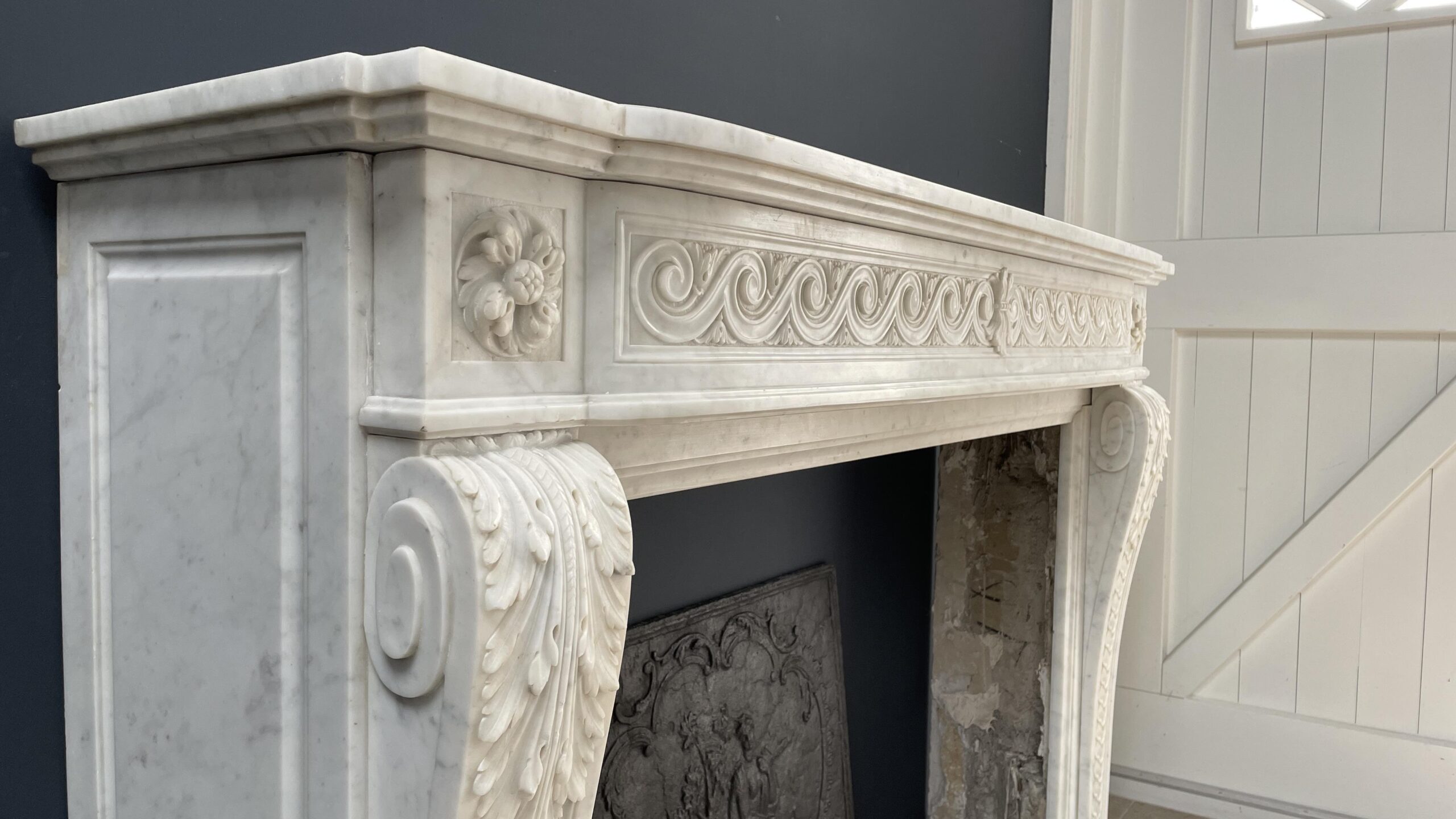 Beautiful Luxury French Antique Front Fireplace Carrara Marmer - Image 7